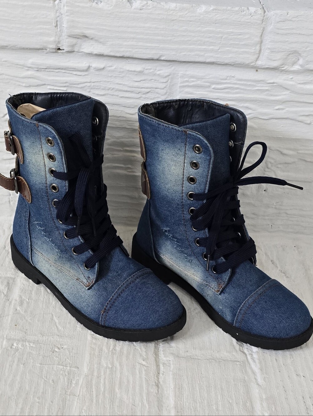 Epicstep Blue Denim Lace-Up Combat Boots with Leather Buckles - Size 5